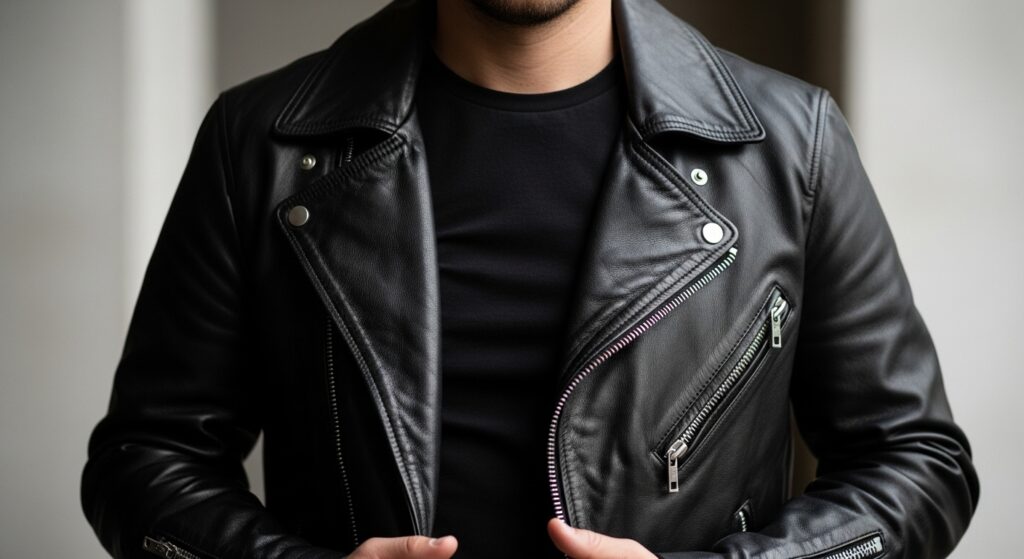 Black T-Shirt with Leather Jacket